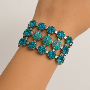 Vintage Teal Rhinestone Statement Bracelet, Silver Tone 3-Row Wide Link Adjustab